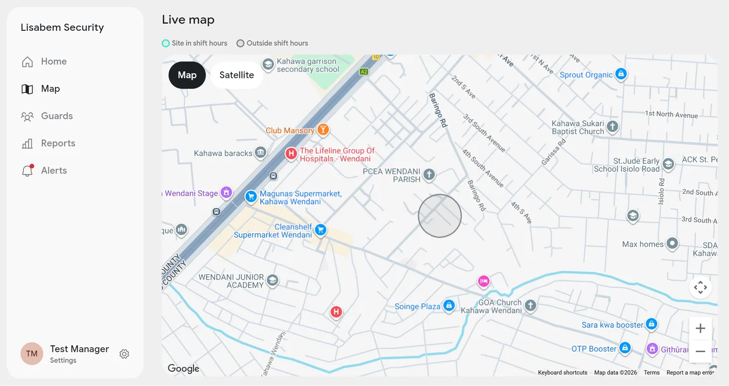 Live map of sites and guards on shift