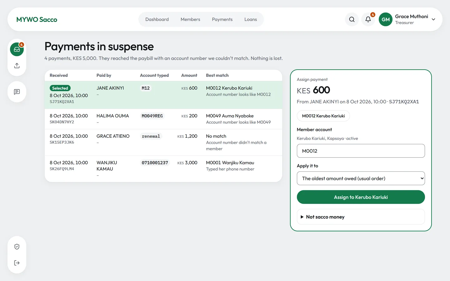 Payments in suspense, each with its best match and a form to assign it