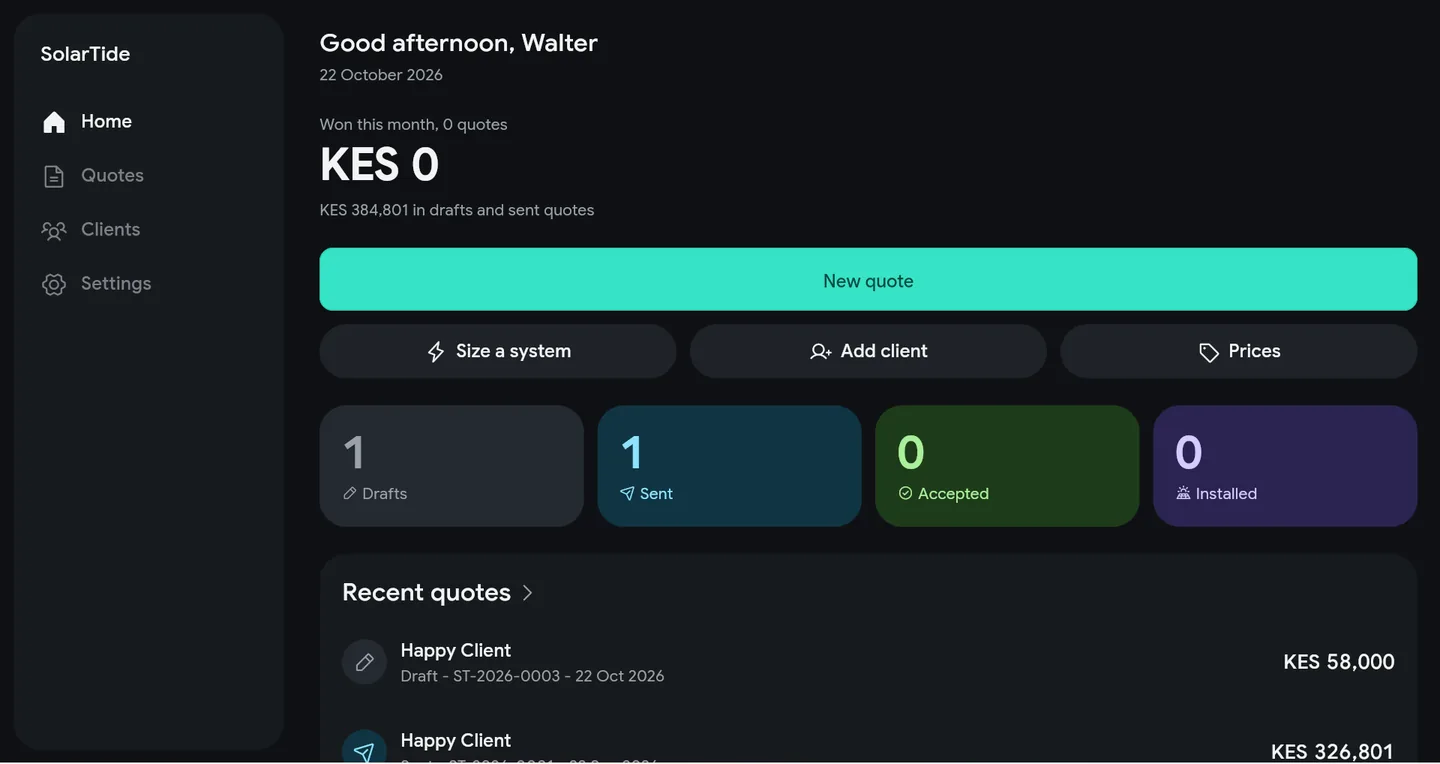 Home: what was won this month, and quotes by status