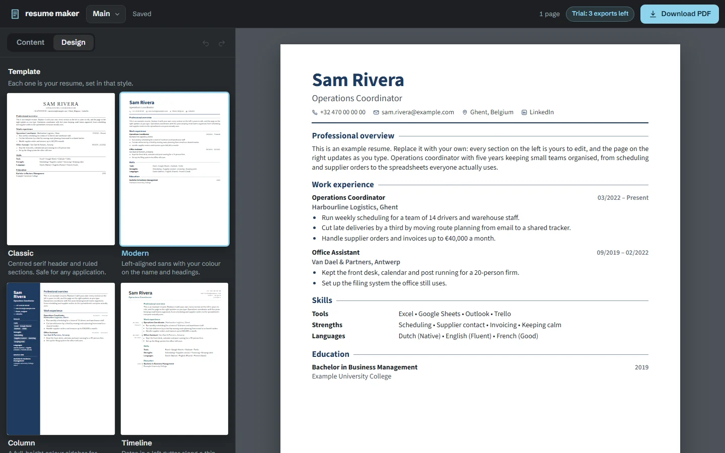 Resume Maker’s Design tab, showing the same resume in Classic, Modern, Column and Timeline templates