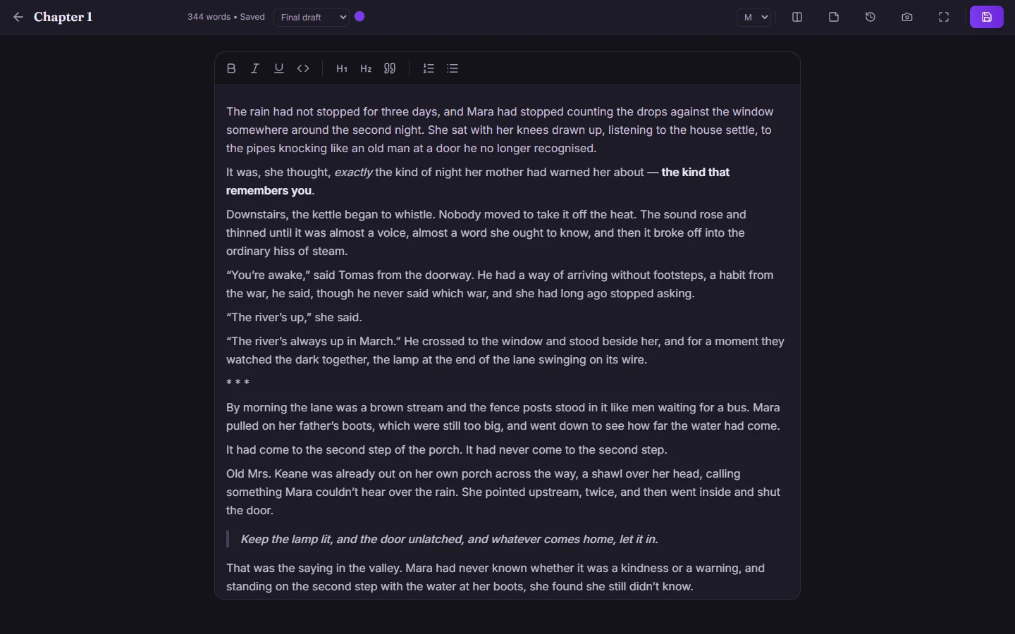 A novel chapter open in the chapter editor, in the dark theme