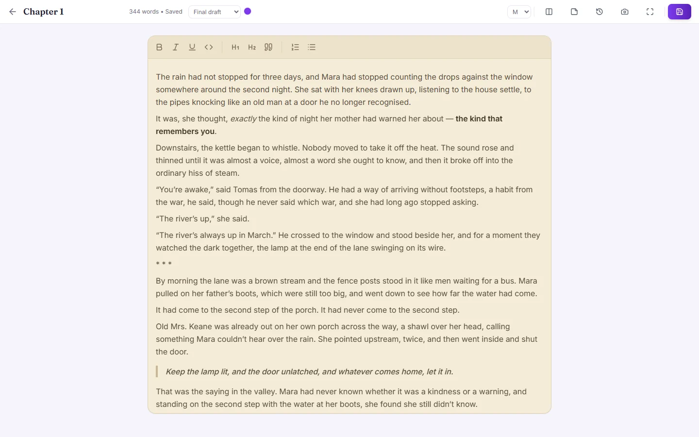 The same chapter on the sepia writing page: warm, paper-coloured and easy on the eyes