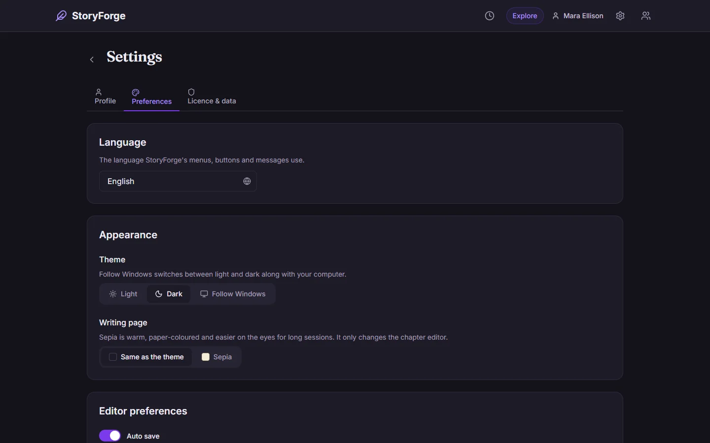 Settings: the interface language, the Light, Dark or Follow Windows theme, and a sepia writing page