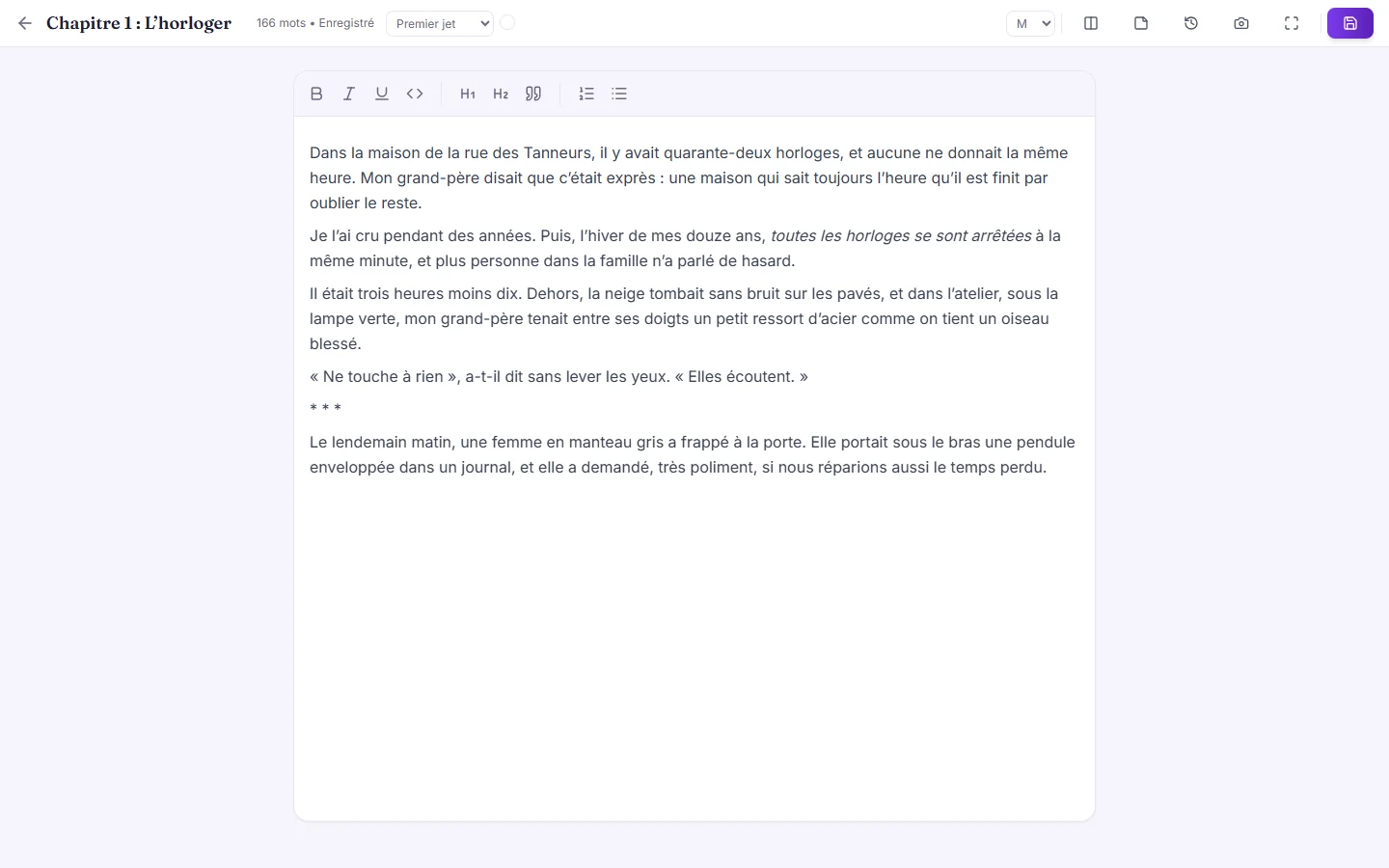 A French novel in the chapter editor, with the whole interface in French
