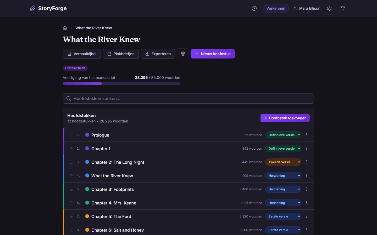 A novel’s chapter list with progress toward its word target, in Dutch and the dark theme