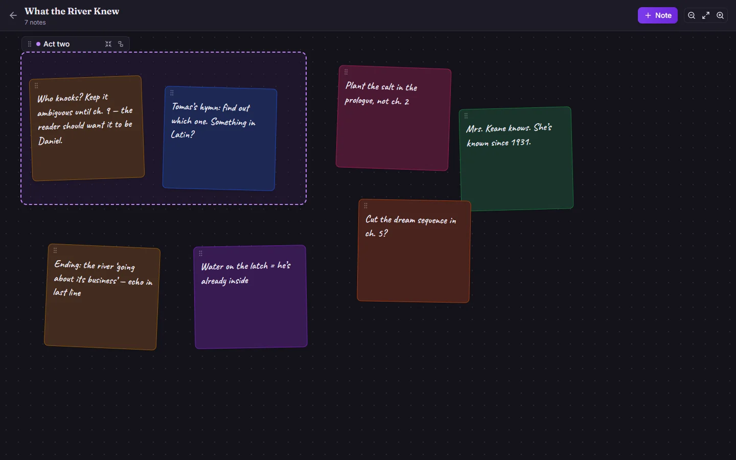 The sticky-note board in the dark theme, with a group of notes for act two