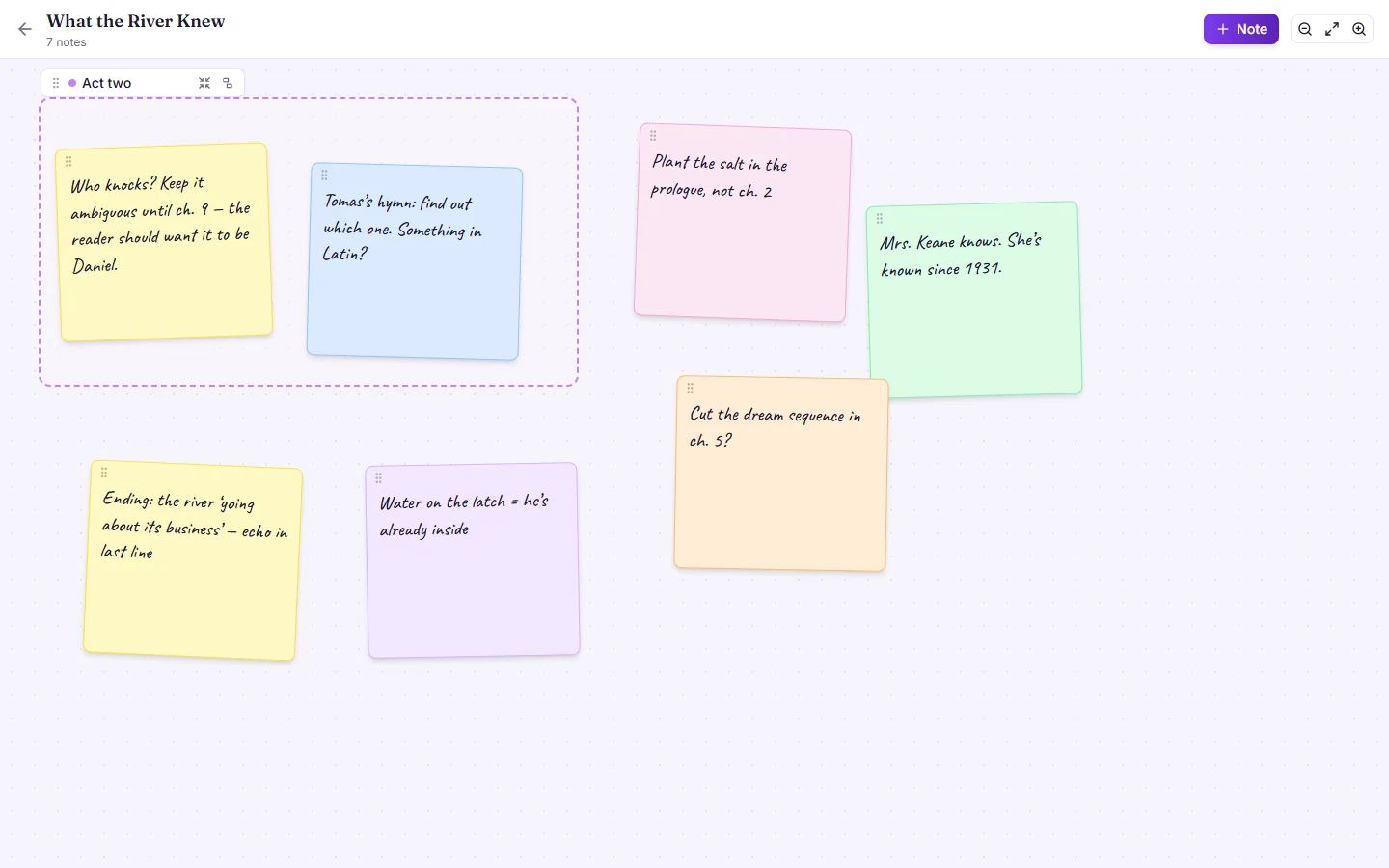 A sticky-note board with colour-coded notes for planning scenes and reveals