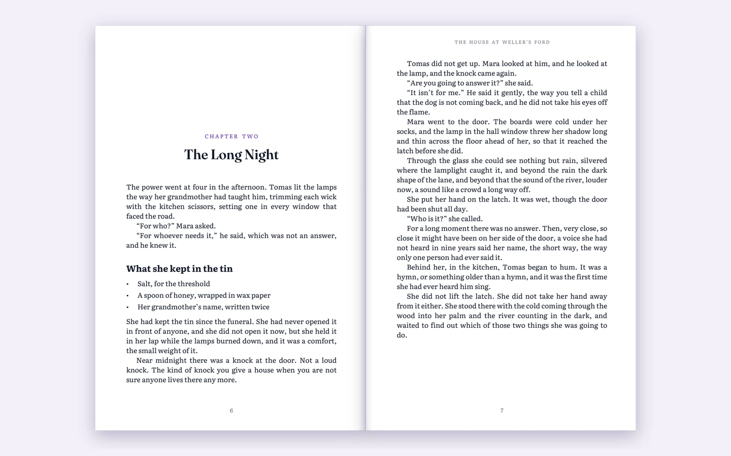 A novel exported as a typeset PDF: a chapter opener with its label and title beside a justified page with a running header