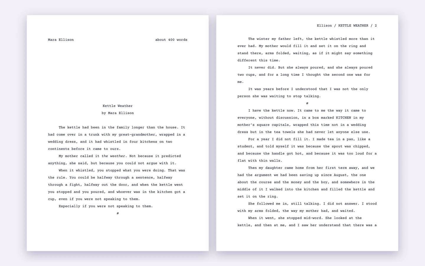 A short story exported in standard manuscript format: double-spaced Courier, word count and a name, title and page header