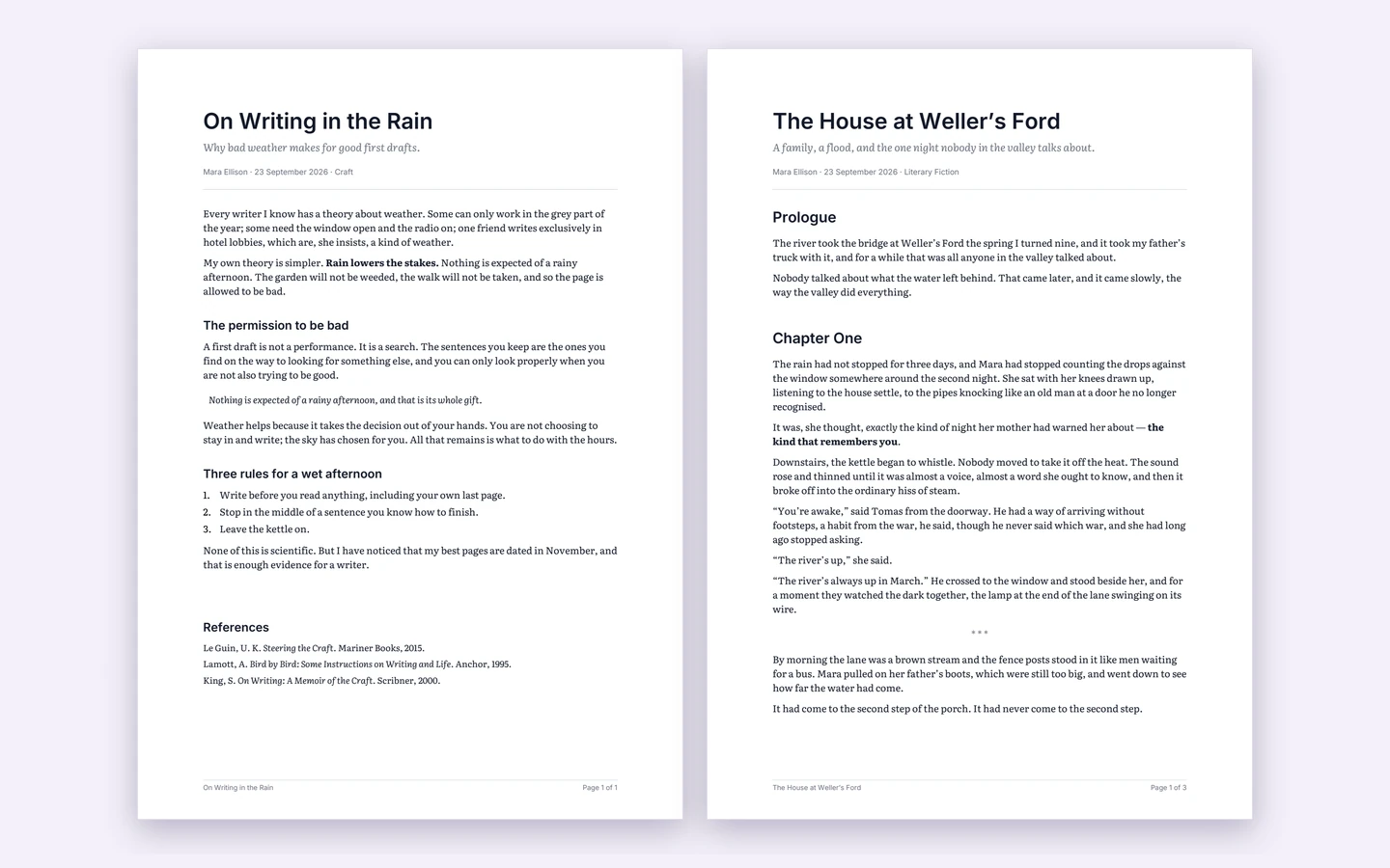 An essay and a novel exported in the Clean style, with a title block, headings, references and page numbers